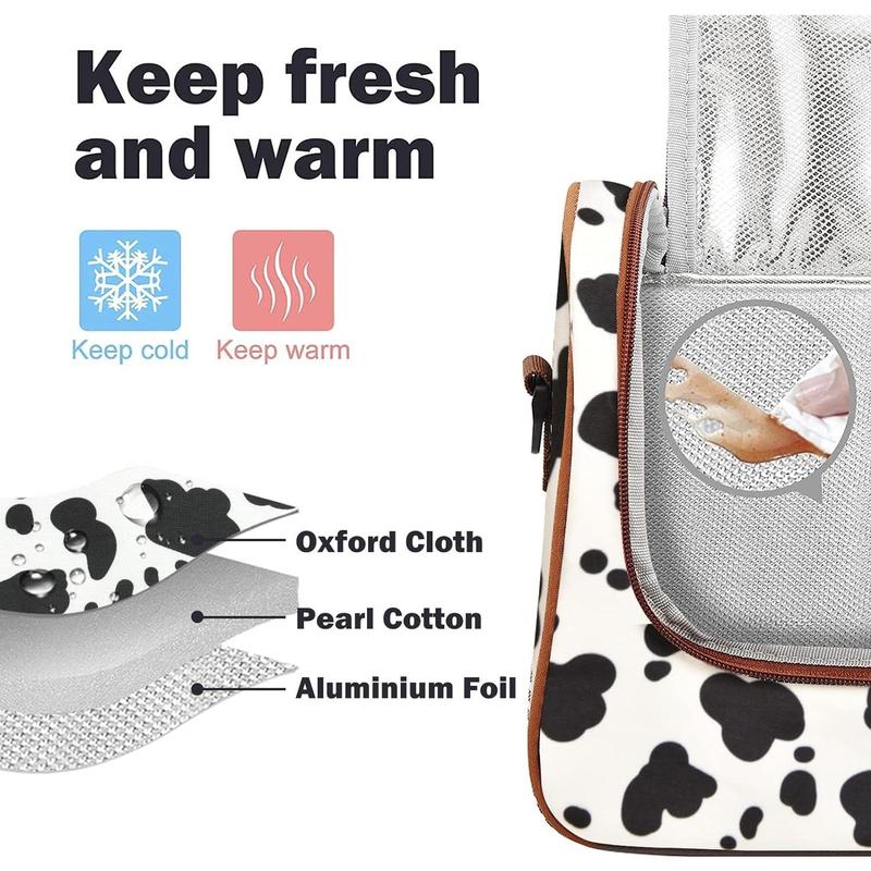 Insulated Lunch Bag Stylish Cooler Tote Reusable Lunch Box Container with Shoulder Strap for Work Picnic or Travel (Cow)