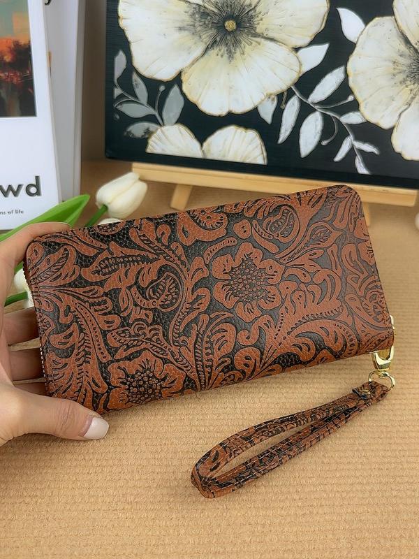 Women's Vintage Floral Pattern Embossed Long Wallet, Casual Zipper Wallet for Daily Used, Trendy All-match Multiple Slots Card Holder, Fall Outfits, Earthtone Fall Freshness