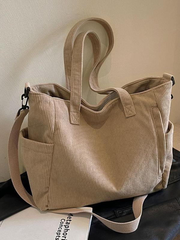 Women's Casual Plain Corduroy Tote Bag, Large Capacity Student Class Shoulder Bag, Minimalist Solid Color Pocket Design Crossbody Tote Bag with Adjustable Strap, Simple Work Crossbody Bag, for Fall