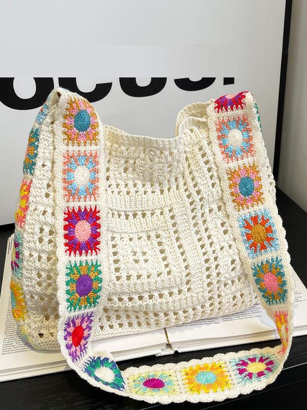 Women's Colorblock Flower Pattern Crochet Crossbody Bag, Fashionable Hollow Out Shoulder Bag for Daily Used, Casual Trendy Versatile High-quality Daily Commuting Bag