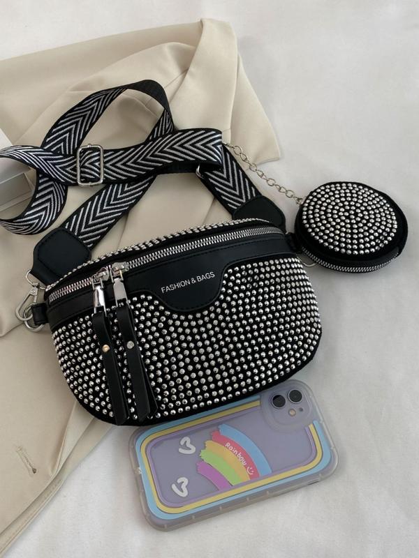 Women's Elegant Rhinestone Decorated Fanny Pack & Coin Purse, Fashionable Zipper Design Chest Bag & Coin Purse, Casual  High-quality Daily Commuting Bag Set