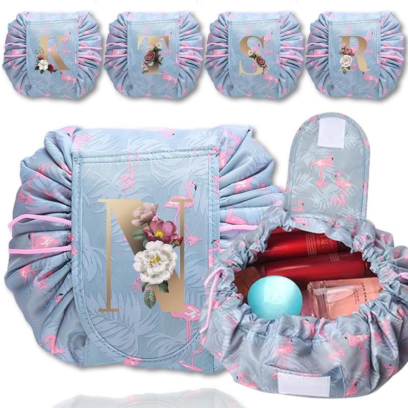 Floral & Letter Pattern Makeup Bag, 1 Count Portable Drawstring Makeup Organizer Pouch, Cosmetic Storage Bag for Women & Girls, Christmas Gift