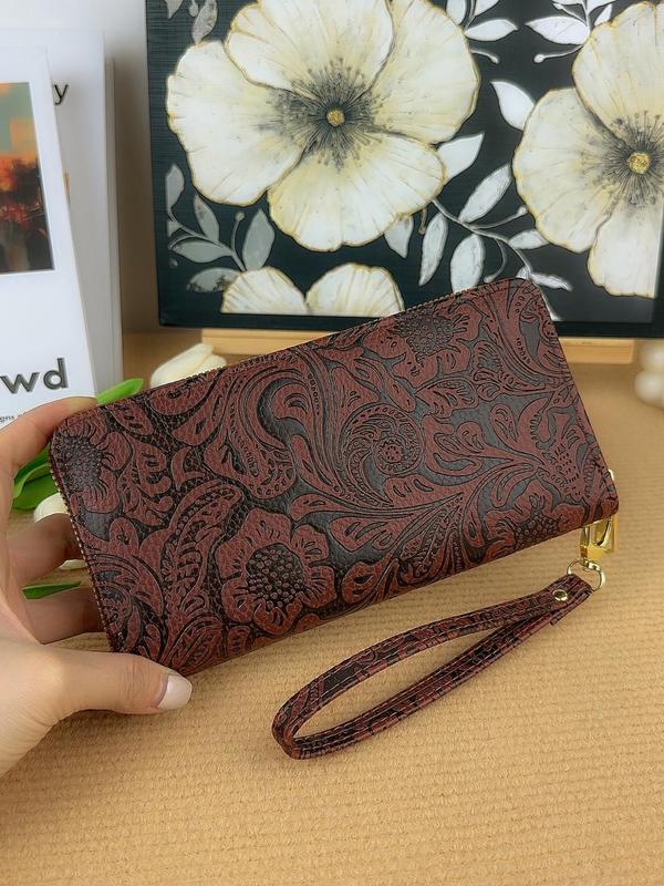 Women's Vintage Floral Pattern Embossed Long Wallet, Casual Zipper Wallet for Daily Used, Trendy All-match Multiple Slots Card Holder, Fall Outfits, Earthtone Fall Freshness