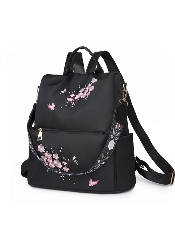 Vintage Floral Embroidered Design Backpack, Fashion Large Capacity Nylon Zipper Shoulder Bag for Women and Girls, Trendy All-match Bag for Daily Used