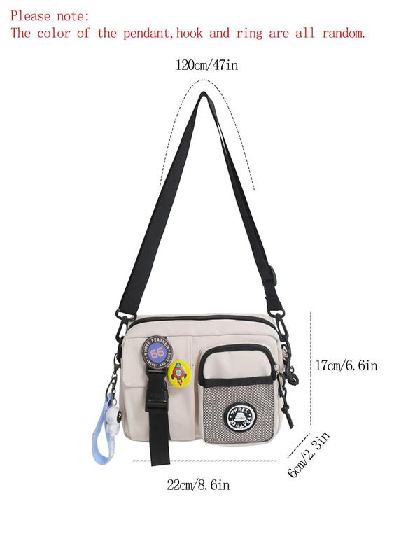 Simple Plain Zipper Crossbody Bag, Multifunctional Sling Bag, Shoulder Bag with Space Astronaut Medal Decoration & Keychain, Designer Crossbody Bags for Men, Schoolbag for Travel, Purses As College Gifts