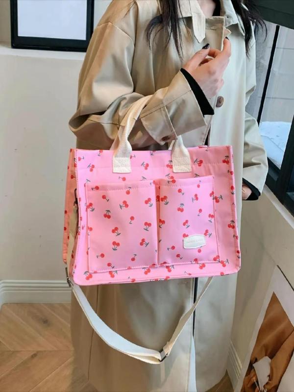 Women's All Over Cherry Print Tote Bag, Fashionable Large Capacity Multi-pocket Shoulder Bag, Adjustable Strap Handbag for Women, Casual Trendy Versatile High-quality Daily Commuting Bag