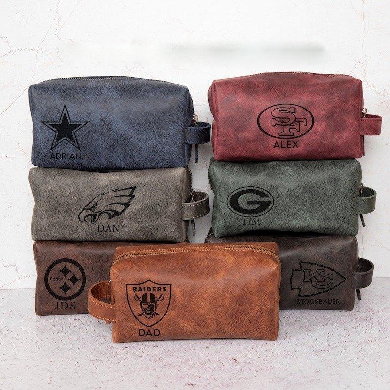 Personalized Leather Toiletry Bag for Football Lovers - Custom Leather for Football Teams - Christmas Gift for Him, Dad, Father - Small Size