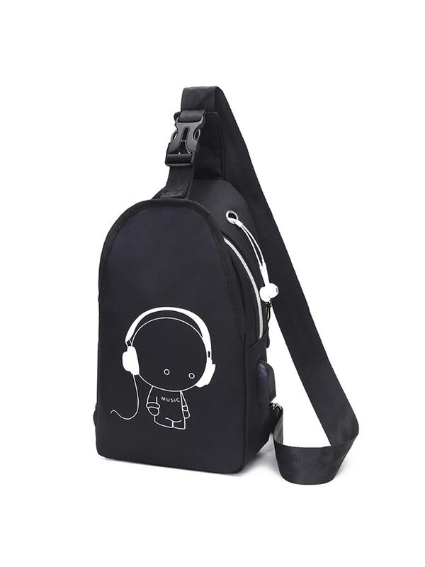 Unisex Simple Style Cartoon Pattern Zip-up Belted Sling Bag with Usb & Earphone Port, Casual Sportive Fanny Pack for Women, Fashionable Crossbody Chest Bag for Daily Back To School Use, for Fall