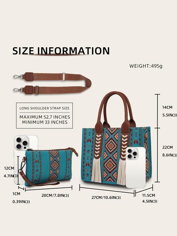 Boho Style Geometric Pattern Tassel Decorated Handbag & Wallet Set, Vintage Style Shoulder Bag Set, Fashionable Bag Set for Women for Daily Travel Work Commute,  Designer Bags