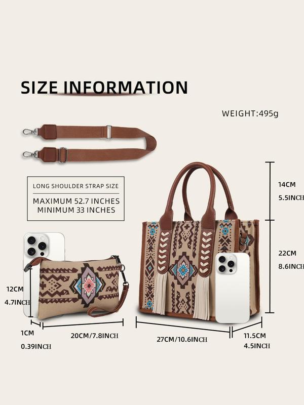 Boho Style Geometric Pattern Tassel Decorated Handbag & Wallet Set, Vintage Style Shoulder Bag Set, Fashionable Bag Set for Women for Daily Travel Work Commute,  Designer Bags