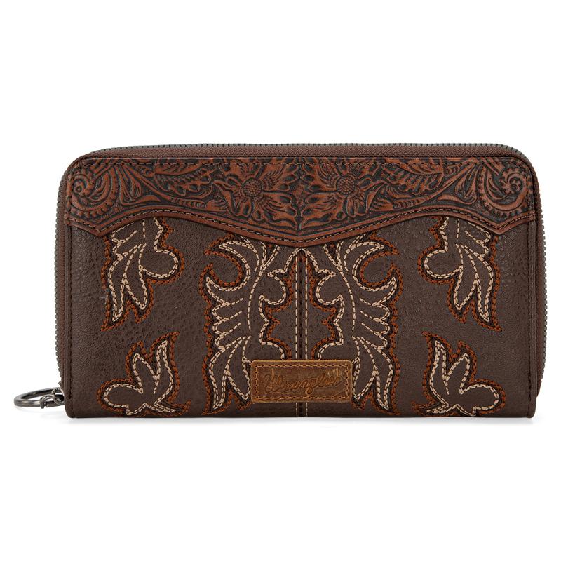 Wrangler Wristlet Western Wallet for Women Floral Tooled Clutch Boot Stitch Bifold Wallet with Card Holder