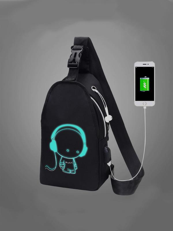 Unisex Simple Style Cartoon Pattern Zip-up Belted Sling Bag with Usb & Earphone Port, Casual Sportive Fanny Pack for Women, Fashionable Crossbody Chest Bag for Daily Back To School Use, for Fall