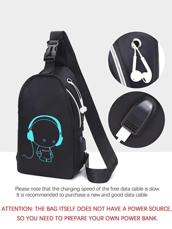 Unisex Simple Style Cartoon Pattern Zip-up Belted Sling Bag with Usb & Earphone Port, Casual Sportive Fanny Pack for Women, Fashionable Crossbody Chest Bag for Daily Back To School Use, for Fall