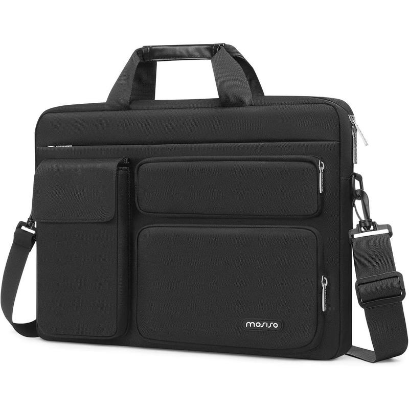 Laptop shoulder bag compatible with MacBook Air 15 inch M3 M2 2024 2023 Pro 16 M3 M2 M1 2024-2019,15-15.6 inch notebook with 2 raised & 1 flaphover & 1 horizontal pocket & handle & belt, black