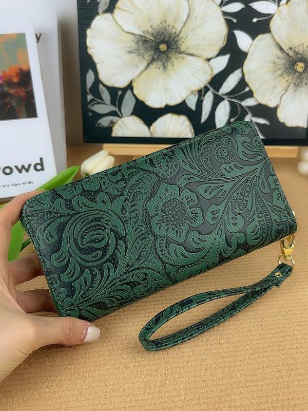 Women's Vintage Floral Pattern Embossed Long Wallet, Casual Zipper Wallet for Daily Used, Trendy All-match Multiple Slots Card Holder, Fall Outfits, Earthtone Fall Freshness