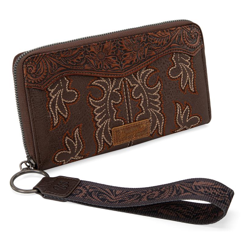 Wrangler Wristlet Western Wallet for Women Floral Tooled Clutch Boot Stitch Bifold Wallet with Card Holder