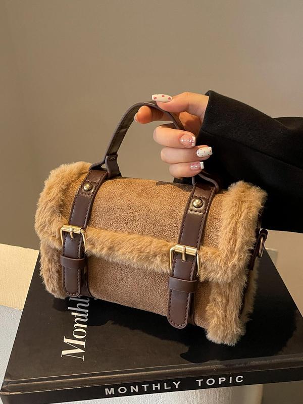 Women's Solid Color Fluffy Shoulder Bag, Fashionable Plush Crossbody Bag for Travel Work Commute, Casual Trendy Versatile High-quality Daily Commuting Bag