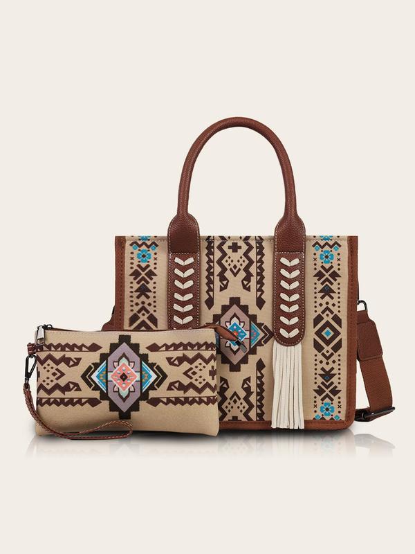 Boho Style Geometric Pattern Tassel Decorated Handbag & Wallet Set, Vintage Style Shoulder Bag Set, Fashionable Bag Set for Women for Daily Travel Work Commute,  Designer Bags