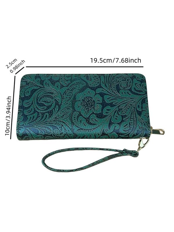 Women's Vintage Floral Pattern Embossed Long Wallet, Casual Zipper Wallet for Daily Used, Trendy All-match Multiple Slots Card Holder, Fall Outfits, Earthtone Fall Freshness