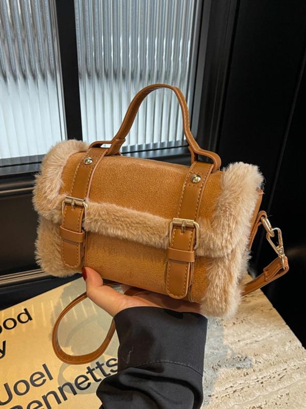 Women's Solid Color Fluffy Shoulder Bag, Fashionable Plush Crossbody Bag for Travel Work Commute, Casual Trendy Versatile High-quality Daily Commuting Bag