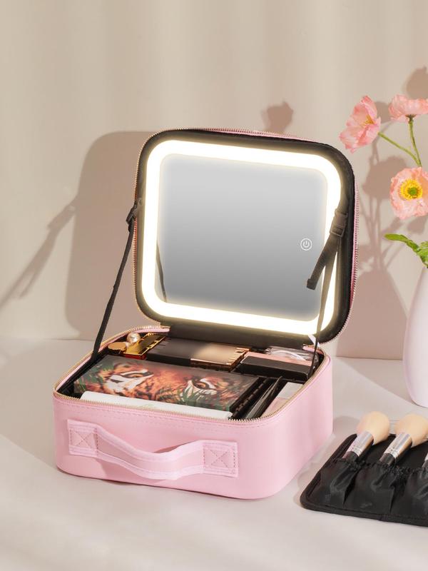 Portable Makeup Bag with Led Light & Mirror As Gift for Summer, Minimalist Large Capacity Cosmetic Storage Bag, Zipper Makeup Organizer Pouch, New Trendy Multifunctional Storage Bag, Travel Cosmetic Bag