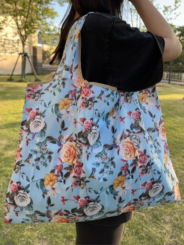 Cute Flower Pattern Shopping Bag, Trendy Waterproof Large Capacity Shopping Bag, Summer 2024 Versatile Foldable Durable Shopping Bag for Daily Use