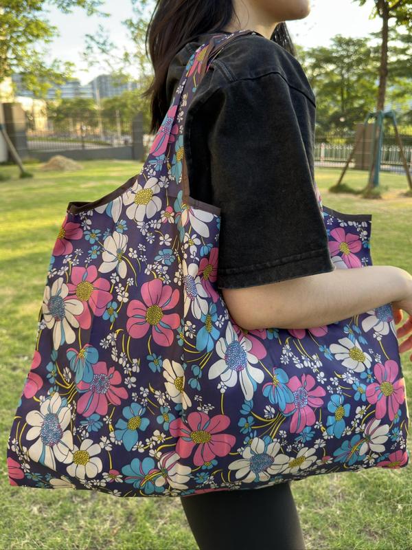 Cute Flower Pattern Shopping Bag, Trendy Waterproof Large Capacity Shopping Bag, Summer 2024 Versatile Foldable Durable Shopping Bag for Daily Use