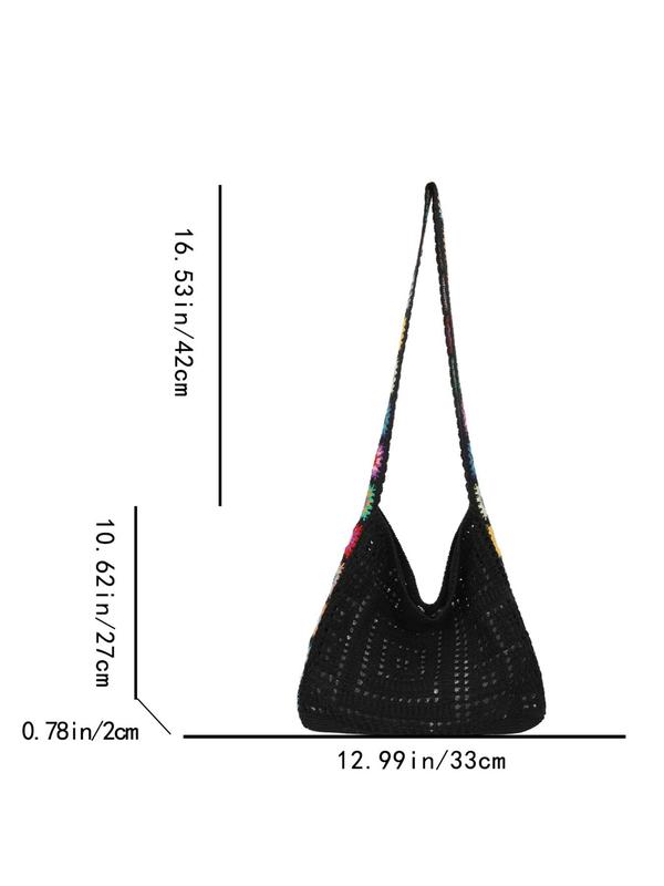 Women's Colorblock Flower Pattern Crochet Crossbody Bag, Fashionable Hollow Out Shoulder Bag for Daily Used, Casual Trendy Versatile High-quality Daily Commuting Bag