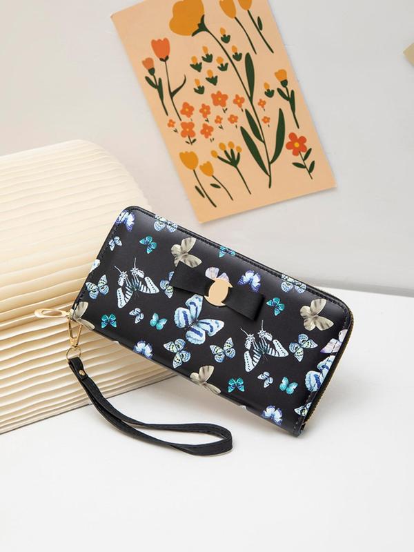 Women's Fashion Butterfly Pattern Long Wallet with Wristband, Casual PU Leather Zipper Wallet for Daily Used, Trendy Versatile High-quality Daily Wallet