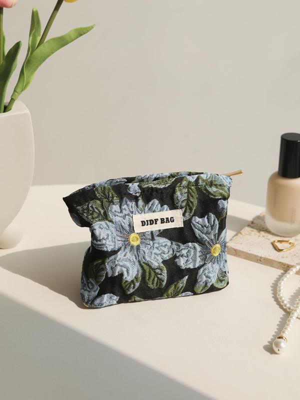 Vintage Floral & Letter Pattern Makeup Bag, Portable Cosmetic Storage Bag, Zipper Makeup Organizer Pouch, Versatile Storage Bag for Skincare, Lotion, Cream, Lip Balm, Eyeliners, Brushes, Stationery