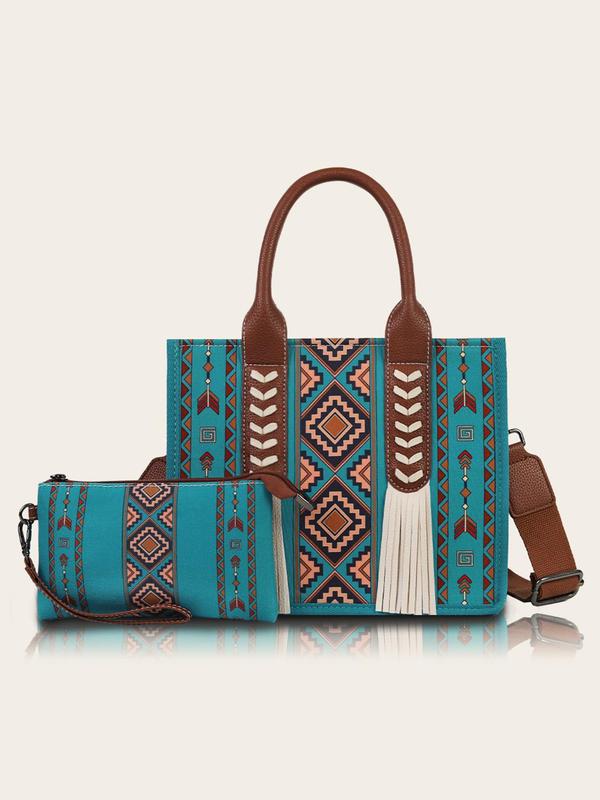 Boho Style Geometric Pattern Tassel Decorated Handbag & Wallet Set, Vintage Style Shoulder Bag Set, Fashionable Bag Set for Women for Daily Travel Work Commute,  Designer Bags