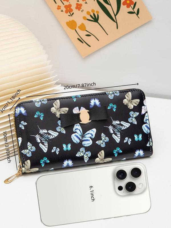 Women's Fashion Butterfly Pattern Long Wallet with Wristband, Casual PU Leather Zipper Wallet for Daily Used, Trendy Versatile High-quality Daily Wallet