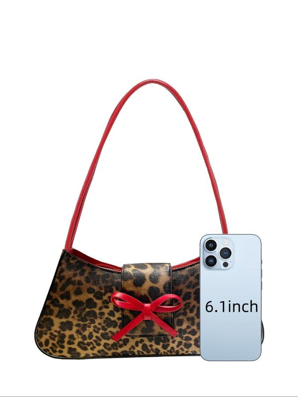 Women's Fashion Leopard Print Bow Decorated Shoulder Bag, Casual Versatile Baguette Bag for Daily Used, Trendy All-match Commuter Bag