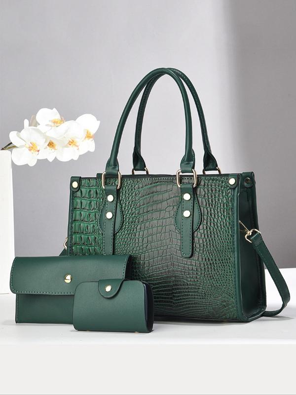 Women's Elegant Crocodile Embossed Handbag & Wristlet & Coin Purse, Fashionable PU Leather Crossbody Bag & Wristlet & Coin Purse, Casual Trendy Versatile High-quality Daily Commuting Bag Set