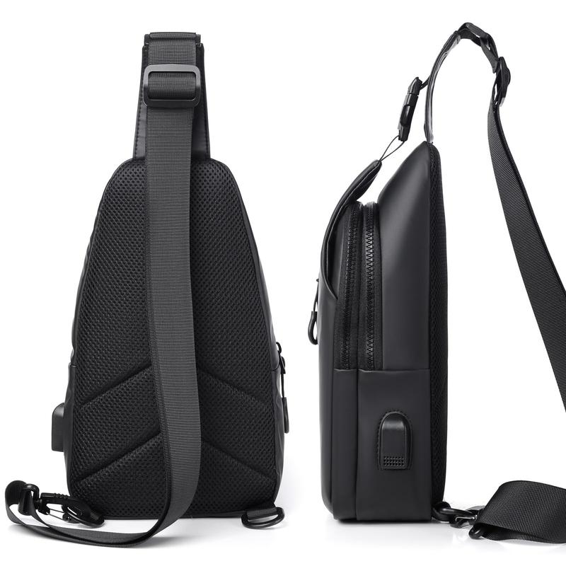 Waterproof Sling Bags Mens Shoulder Crossbody Backpack with USB Charging Port& Headphone jack,Outdoor Lightweight Bag,PU Sling Bag,Zipper Bum Bag