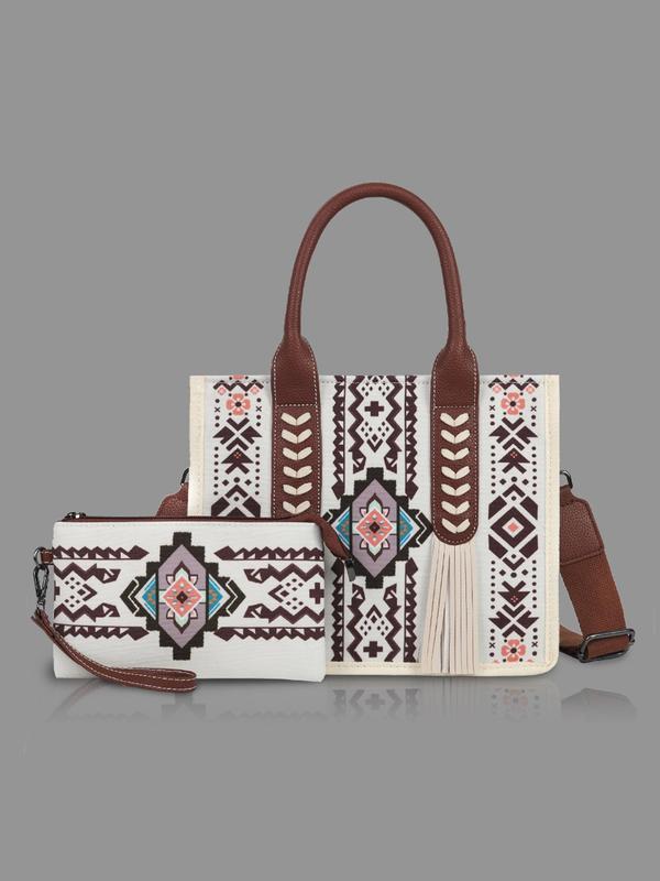 Boho Style Geometric Pattern Tassel Decorated Handbag & Wallet Set, Vintage Style Shoulder Bag Set, Fashionable Bag Set for Women for Daily Travel Work Commute,  Designer Bags