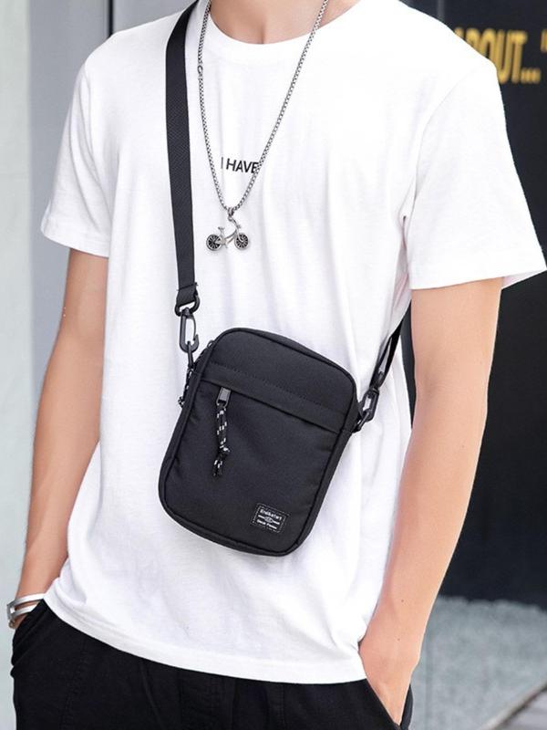 Men's Summer Fashion Solid Matching Shoulder Bag, Letter Patched Zipper Crossbody Bag for Men for School & Office,  Lightweight Crossbody Bag for Daily Used