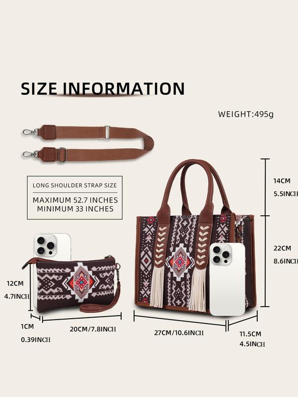 Boho Style Geometric Pattern Tassel Decorated Handbag & Wallet Set, Vintage Style Shoulder Bag Set, Fashionable Bag Set for Women for Daily Travel Work Commute,  Designer Bags