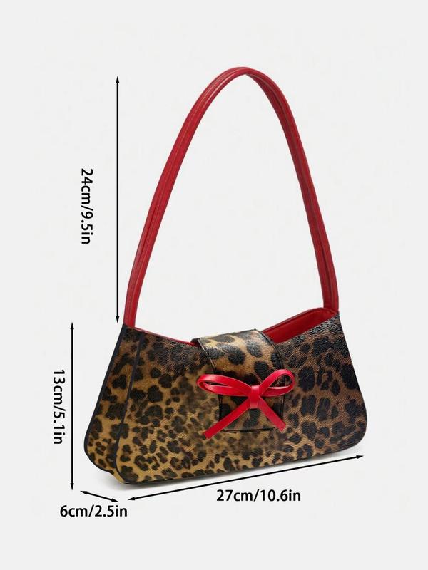 Women's Fashion Leopard Print Bow Decorated Shoulder Bag, Casual Versatile Baguette Bag for Daily Used, Trendy All-match Commuter Bag