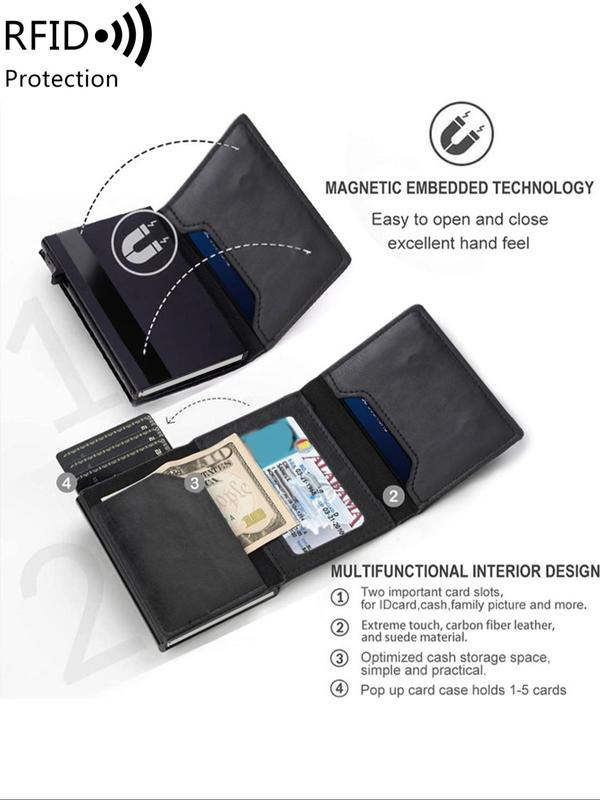 Men's RFID Blocking Minimalist Wallet, Aluminum Automatic Pop-up Trifold Card Holder, Carbon Fiber Anti-theft Coin Pocket with Id Window, Birthday Gift, Ideal Gift for Men