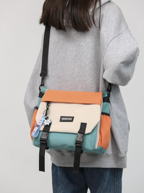 2024 Fall Casual Colorblock Crossbody Bags for Men & Women with Cartoon Charm, Minimalist Nylon Shoulder Bag for Work & School, Trendy Matching Messenger Bag, Designer Crossbody Bags for Men, Harajuku School Bag for College