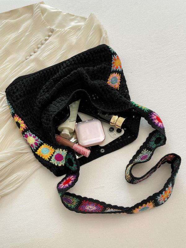 Women's Colorblock Flower Pattern Crochet Crossbody Bag, Fashionable Hollow Out Shoulder Bag for Daily Used, Casual Trendy Versatile High-quality Daily Commuting Bag