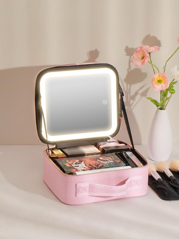 Portable Makeup Bag with Led Light & Mirror As Gift for Summer, Minimalist Large Capacity Cosmetic Storage Bag, Zipper Makeup Organizer Pouch, New Trendy Multifunctional Storage Bag, Travel Cosmetic Bag