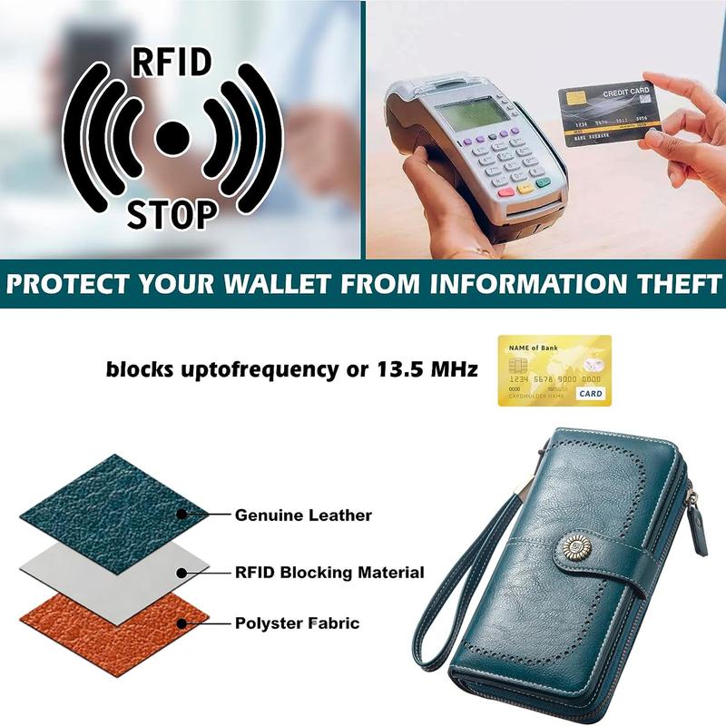 Womens Wallet Credit Card Holder with RFID Blocking Large Capacity Genuine Leather Wristlet Wallets