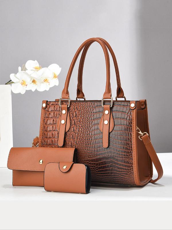 Women's Elegant Crocodile Embossed Handbag & Wristlet & Coin Purse, Fashionable PU Leather Crossbody Bag & Wristlet & Coin Purse, Casual Trendy Versatile High-quality Daily Commuting Bag Set