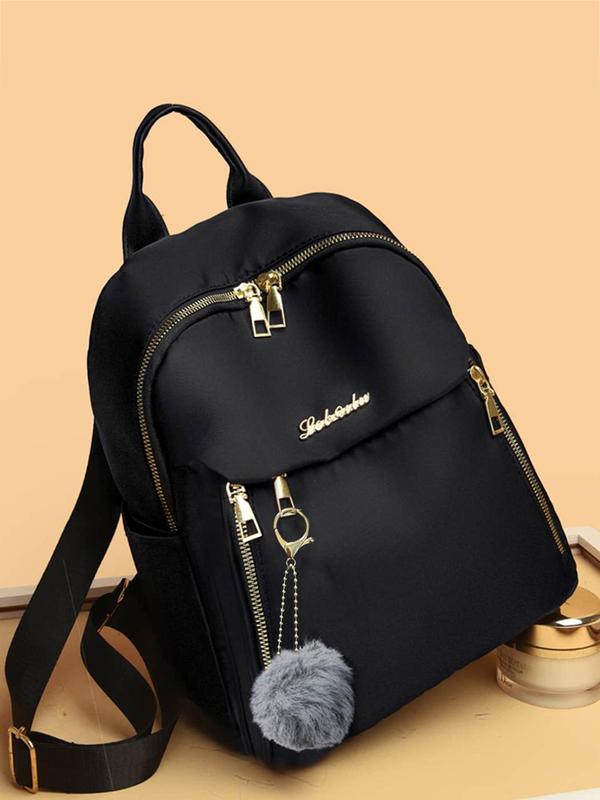 Summer Fashion Plain Color Backpack with Pom Pom Charm, Casual Lightweight Travel Schoolbag, Simple Letter Decor Zipper Backpack for Women & Men, Casual Trendy Versatile High-quality Daily Commuting Bag