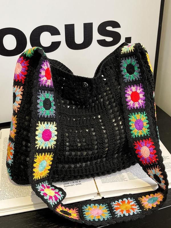 Women's Colorblock Flower Pattern Crochet Crossbody Bag, Fashionable Hollow Out Shoulder Bag for Daily Used, Casual Trendy Versatile High-quality Daily Commuting Bag