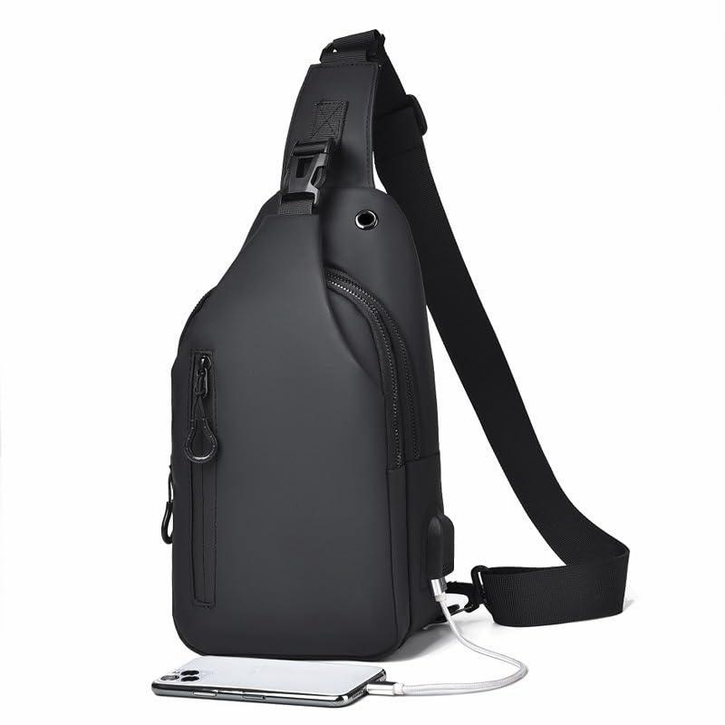 Waterproof Sling Bags Mens Shoulder Crossbody Backpack with USB Charging Port& Headphone jack,Outdoor Lightweight Bag,PU Sling Bag,Zipper Bum Bag