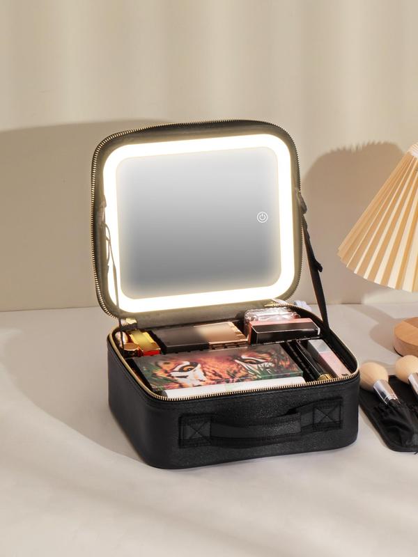 Portable Makeup Bag with Led Light & Mirror As Gift for Summer, Minimalist Large Capacity Cosmetic Storage Bag, Zipper Makeup Organizer Pouch, New Trendy Multifunctional Storage Bag, Travel Cosmetic Bag