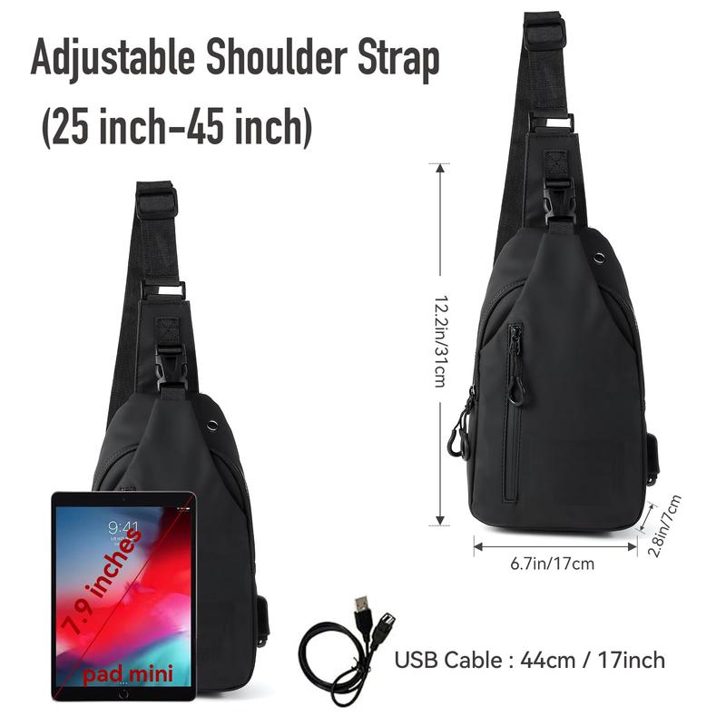 Waterproof Sling Bags Mens Shoulder Crossbody Backpack with USB Charging Port& Headphone jack,Outdoor Lightweight Bag,PU Sling Bag,Zipper Bum Bag